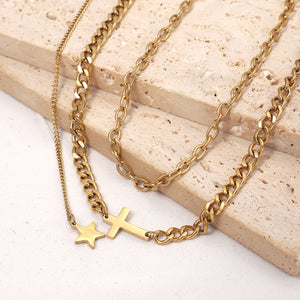 18K Gold Cross and Star Pendant Double Layer Necklace 9b9f876e-d4e3-4f82-849f-a4f8d1eff2f6 Artshiney