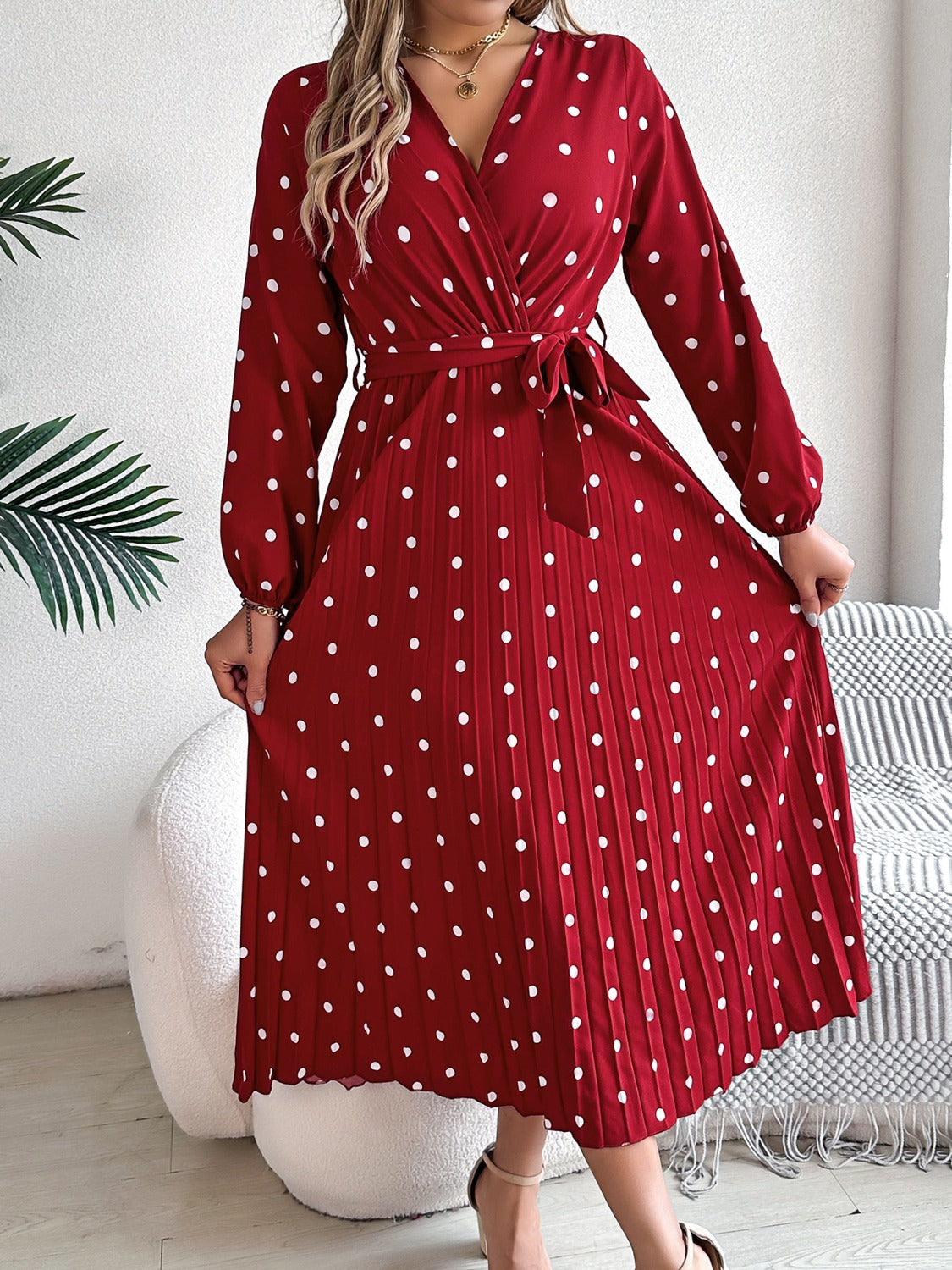 Tied Polka Dot Long Sleeve Midi Dress 9bc6d5d2-099c-4fa5-bbbe-2b5057f435c1-Max Glownestbest