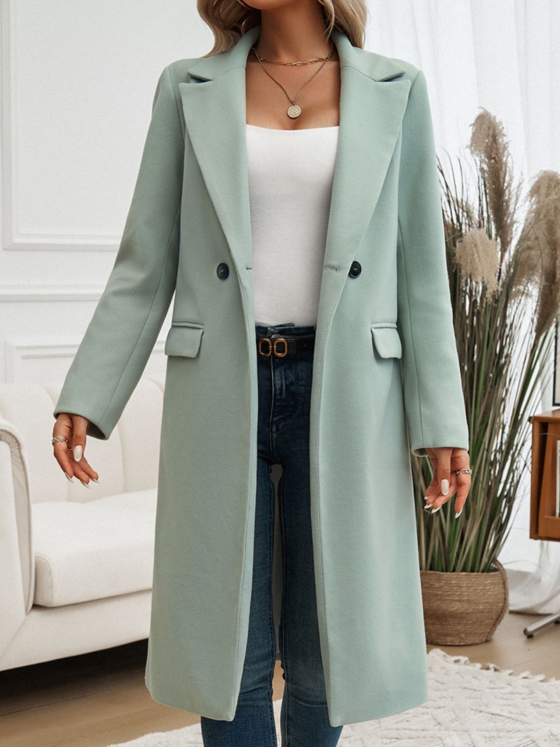 Glownestbest ® | Devine Pocketed Collared Neck Long Sleeve Coat Sage 9bc8aeeb-8ad8-4208-bfca-117bf5f0e29d-Max Glownestbest
