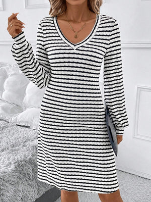 Striped V-Neck Long Sleeve Dress 9be3c561-45fd-4b02-b3c7-496801a48f2b-Max Glownestbest