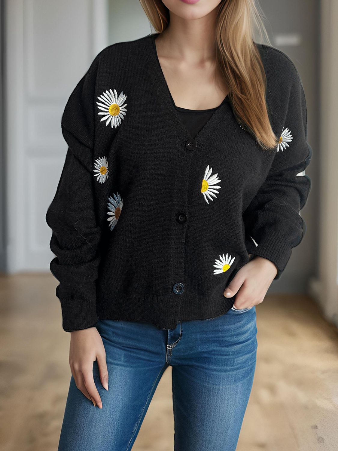 Daisy Button Up V-Neck Cardigan Black One Size 9c5617c2-8963-483b-96a5-e99b95ff75dc-Max Glownestbest