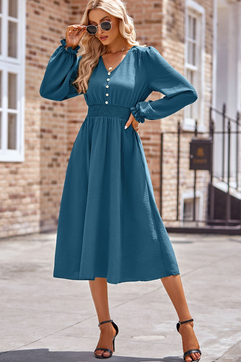 Smocked V-Neck Flounce Sleeve Midi Dress 9ca8f42e-b447-4289-b8fb-ad2f501bcd3b-Max Glownestbest