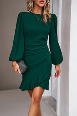 Devine Ruched Ruffled Balloon Sleeve Mini Dress Dark Green 9d48219d-c2d2-456c-a62f-1e61203d2f47-Max Glownestbest