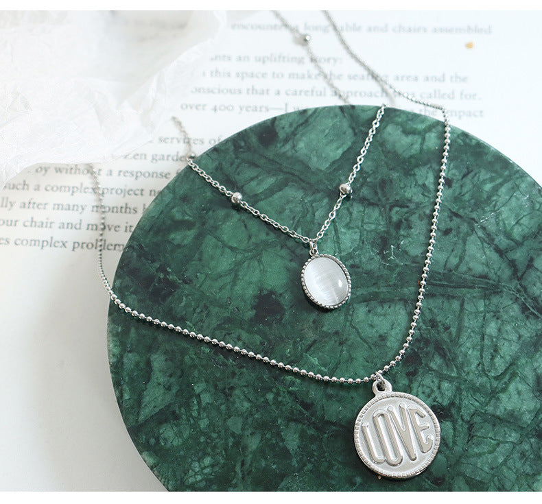 18K Gold Classic Simple LOVE Round Plate with Opal Double Layer Necklace 9d4c7320-5510-4e72-819a-d4439704ef0b Artshiney