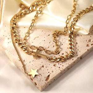 18K Gold Cross and Star Pendant Double Layer Necklace 9e574abf-4a5b-4f7b-b3a2-b04833673e61 Artshiney