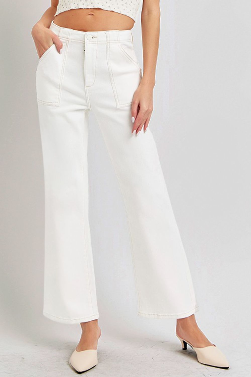 RISEN High Rise Ankle Flare Jeans with Patch Pockets Cream 9e8d3cf4-5b1d-4051-98fc-221942aff6b2-Max Trendsi