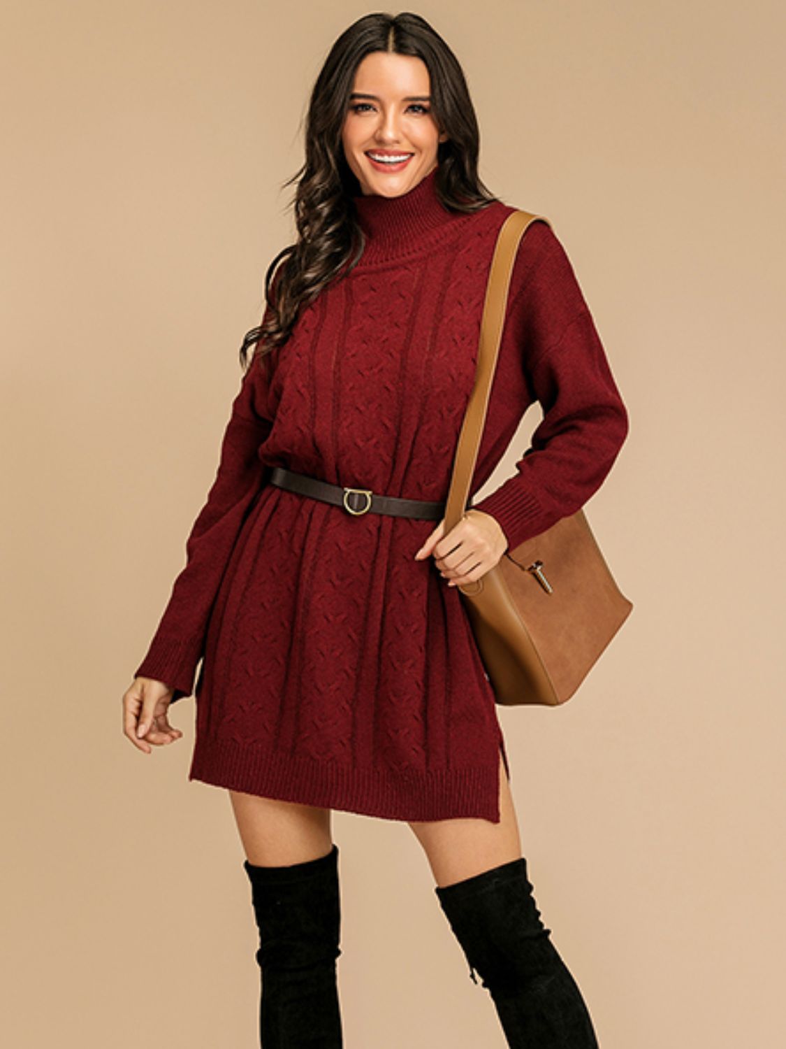 Perfee Slit Turtleneck Long Sleeve Mini Sweater Dress Burgundy 9ee6817e-7f6a-4eb1-8b16-b4ff0c83f417-Max Glownestbest