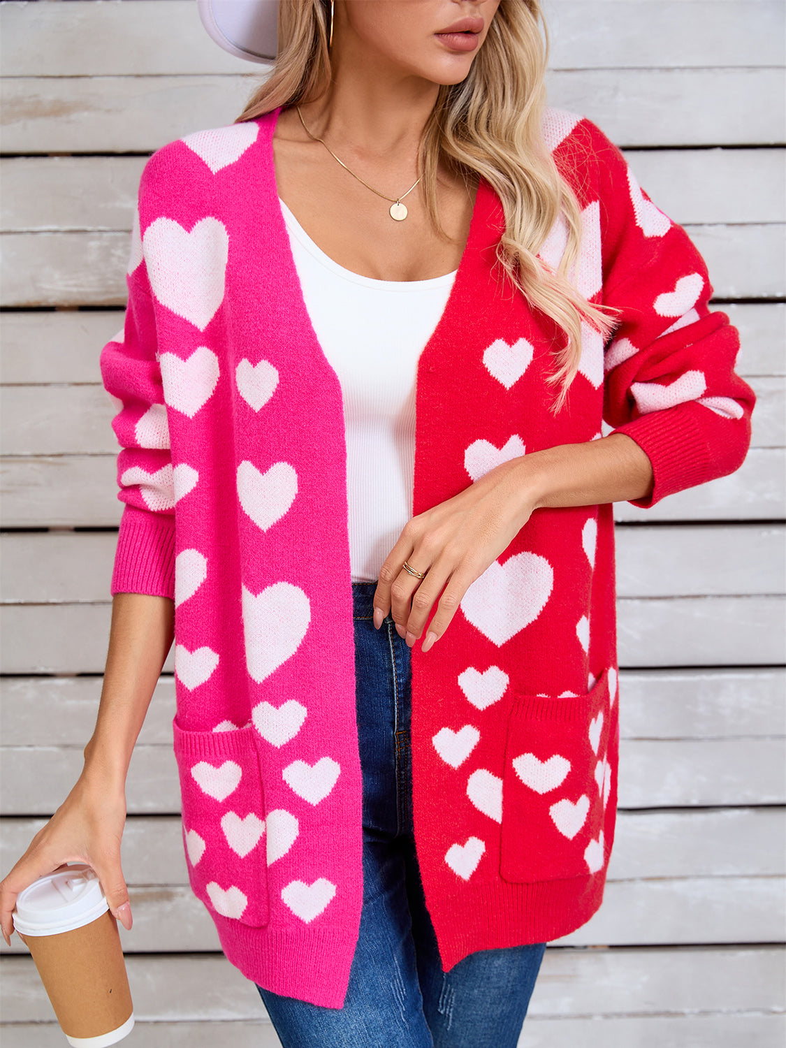 Heart Open Front Long Sleeve Cardigan Hot Pink 9f27979b-ba59-4515-b9bb-d3d96c1264ae-Max Glownestbest