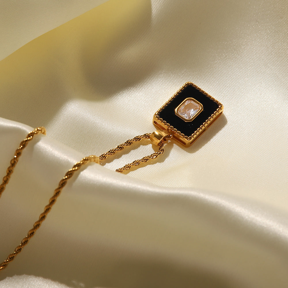 18K Gold Inlaid White Zircon Malachite Twist Chain Square Pendant Necklace 9f633c34-cab2-4081-b34c-c28f282790b1 Artshiney