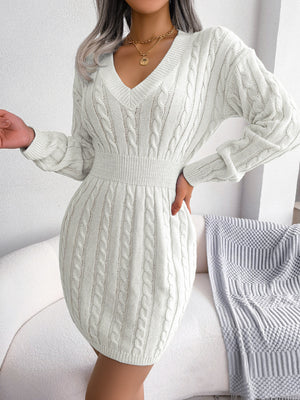 Cable-Knit V-Neck Mini Sweater Dress White 9fc302b991c94ec0b862076823b030f3-Max Glownestbest