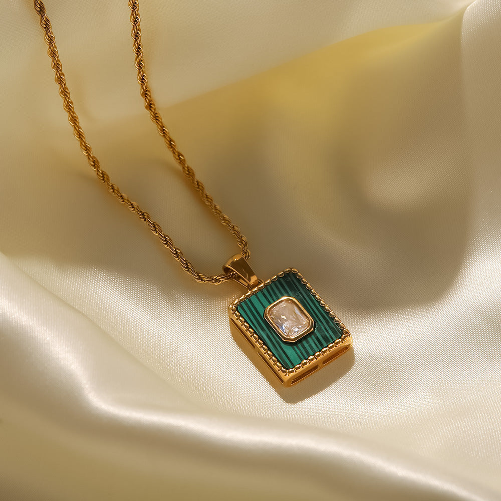 18K Gold Inlaid White Zircon Malachite Twist Chain Square Pendant Necklace Green 9fd2103c-2ae6-468e-b0ea-cdd41e7902f7 Artshiney