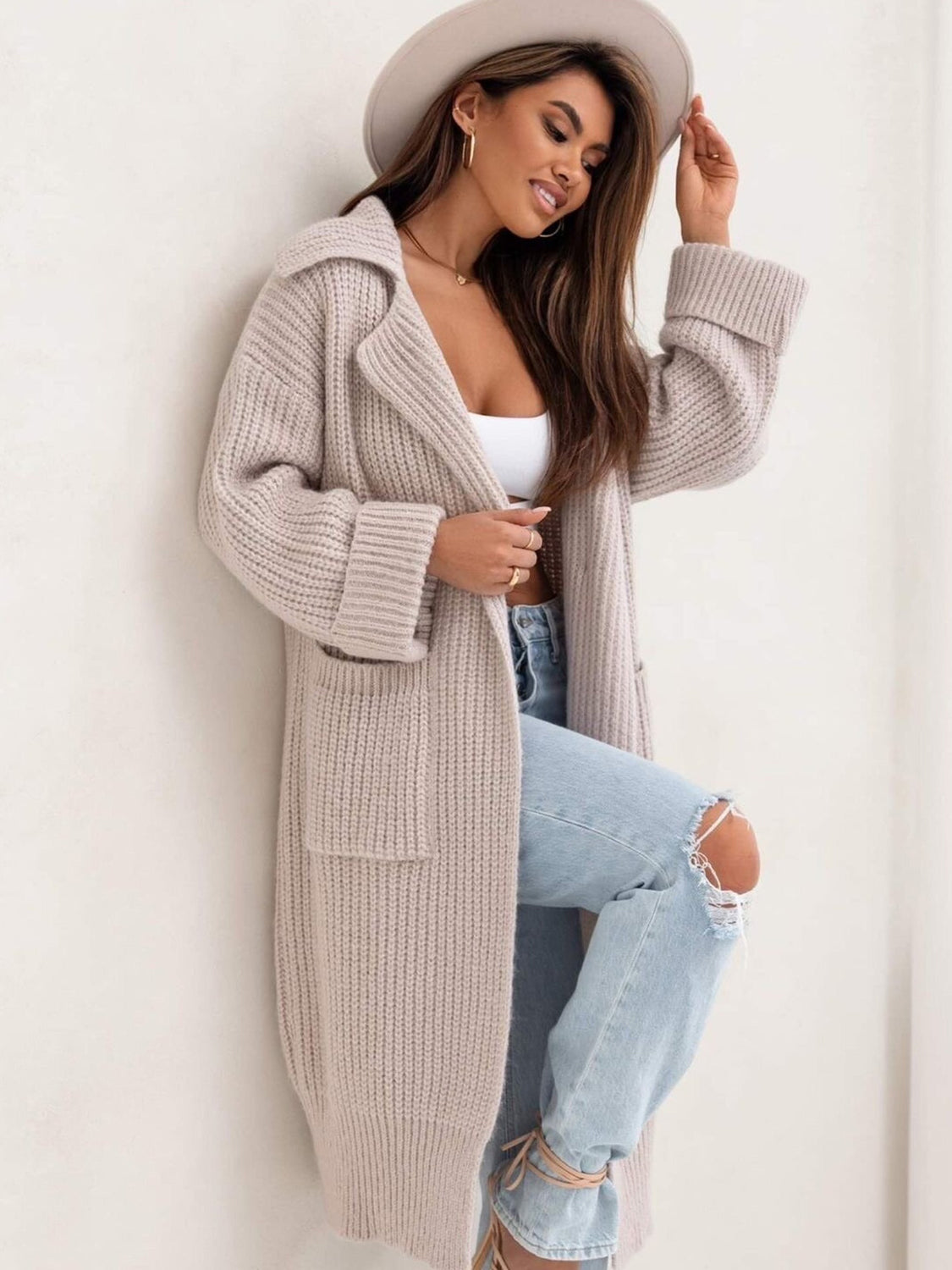 Pocketed Collared Neck Dropped Shoulder Cardigan Dust Storm One Size a093f473-88ca-4711-8520-51c130b63100-Max Glownestbest