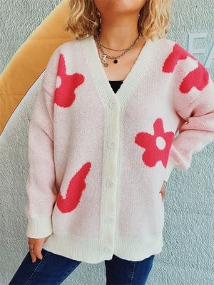 Flower Button Down V-Neck Long Sleeve Cardigan a10b0fbd-bf11-44eb-bff9-916b694eb9ee-Max Glownestbest