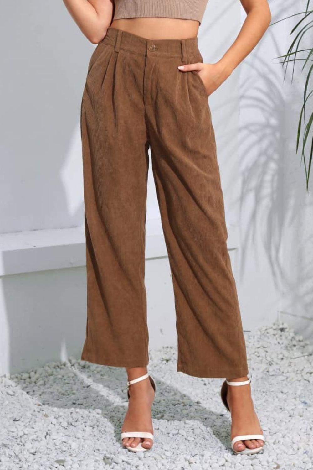 Buttoned Straight Hem Long Pants Mocha a1507ca51aab42d9a34fc25bd72fed94-Max Trendsi