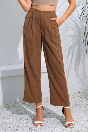 Buttoned Straight Hem Long Pants Mocha a1507ca51aab42d9a34fc25bd72fed94-Max Trendsi