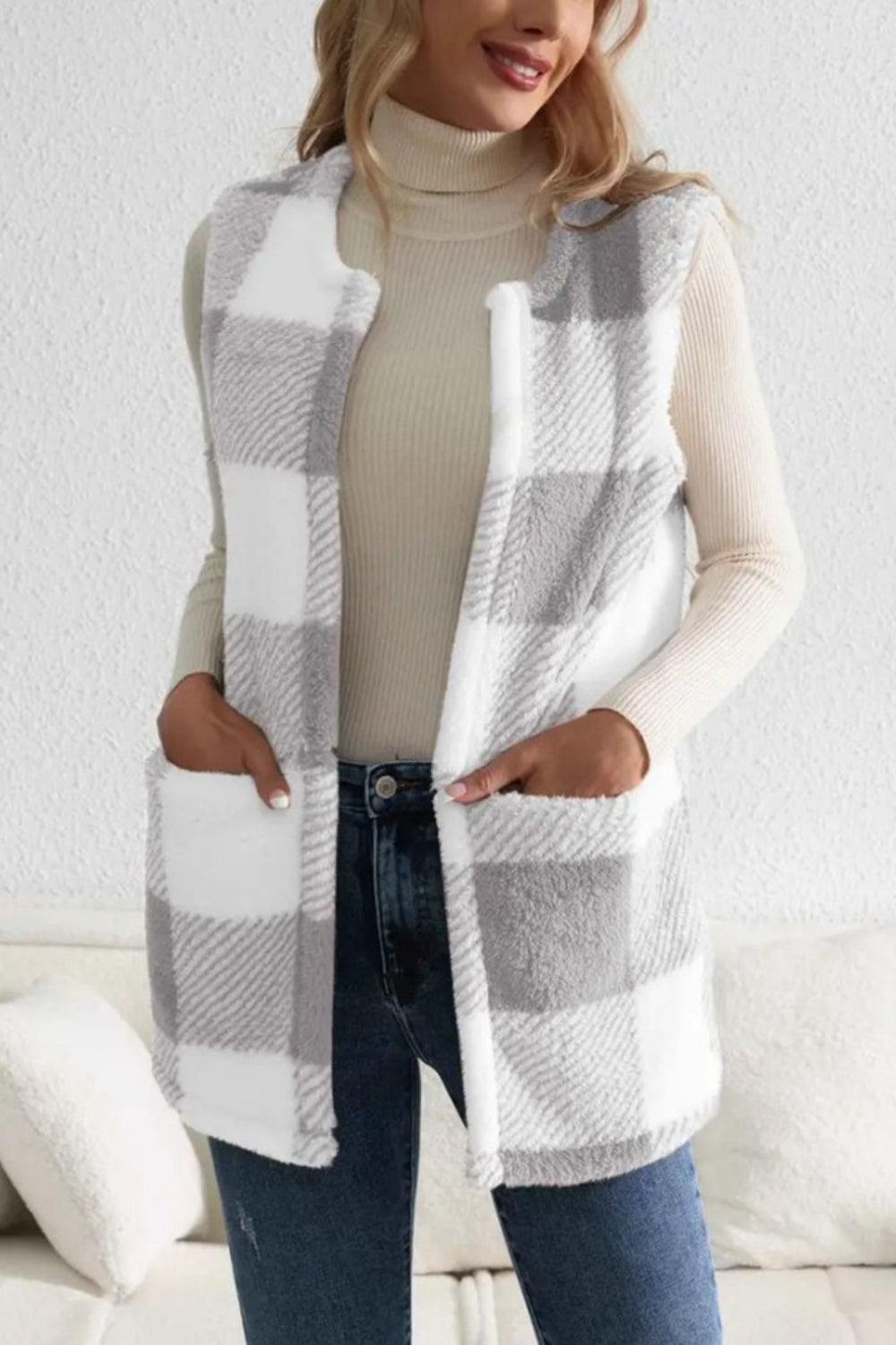 Glownestbest ® | Sherpa Plaid Open Front Vest Coat a16f123f-d486-4493-a503-8cc9d4b1ea69-Max Glownestbest