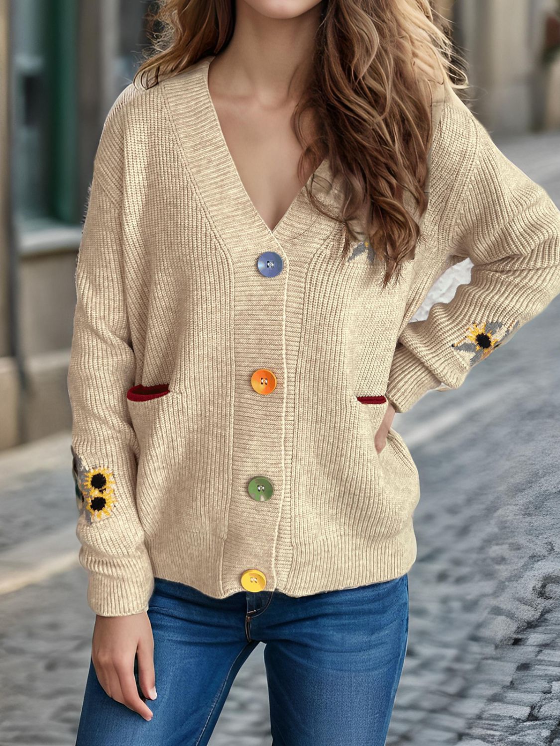 Contrast Button V-Neck Long Sleeve Cardigan a1780181-658d-45e6-914d-fcbfe3067415-Max Glownestbest