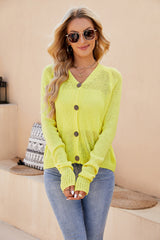 Button Up V-Neck Long Sleeve Cardigan Banana Yellow a17c287913f74f8196734a8817143596-Max Glownestbest