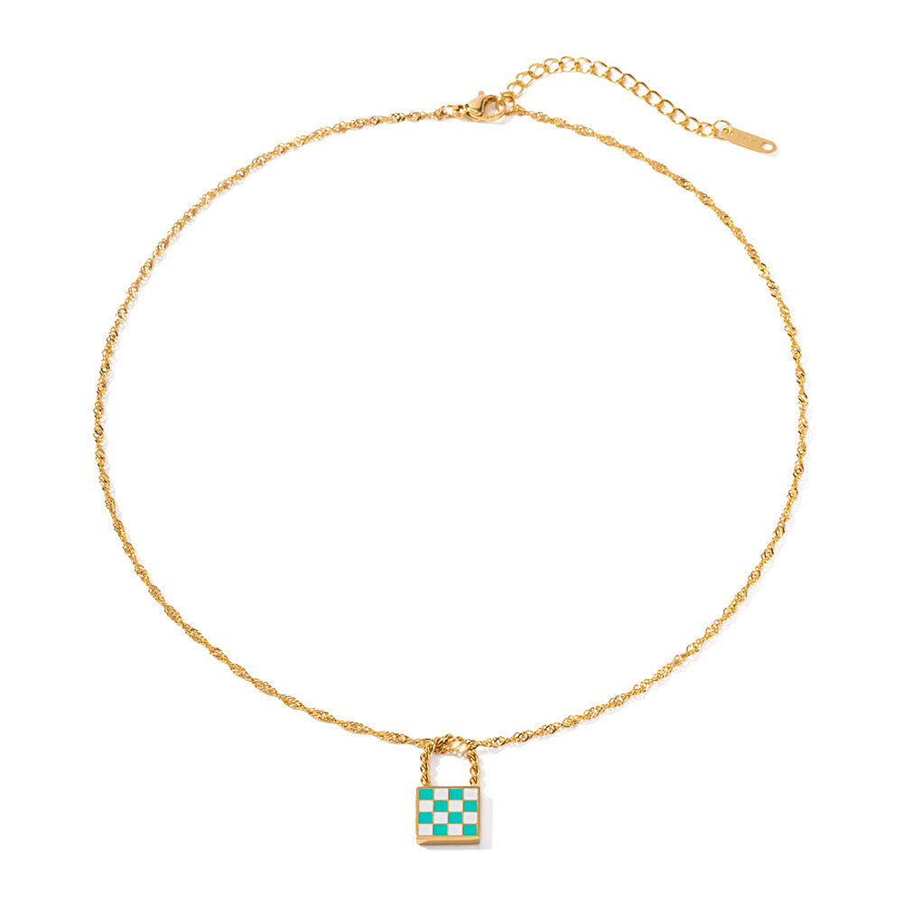 18K Novel Fashion Checker Checker Green and White Design Versatile Pendant Necklace a1a35f06-7e05-4c71-8b47-65dec2947978 Artshiney