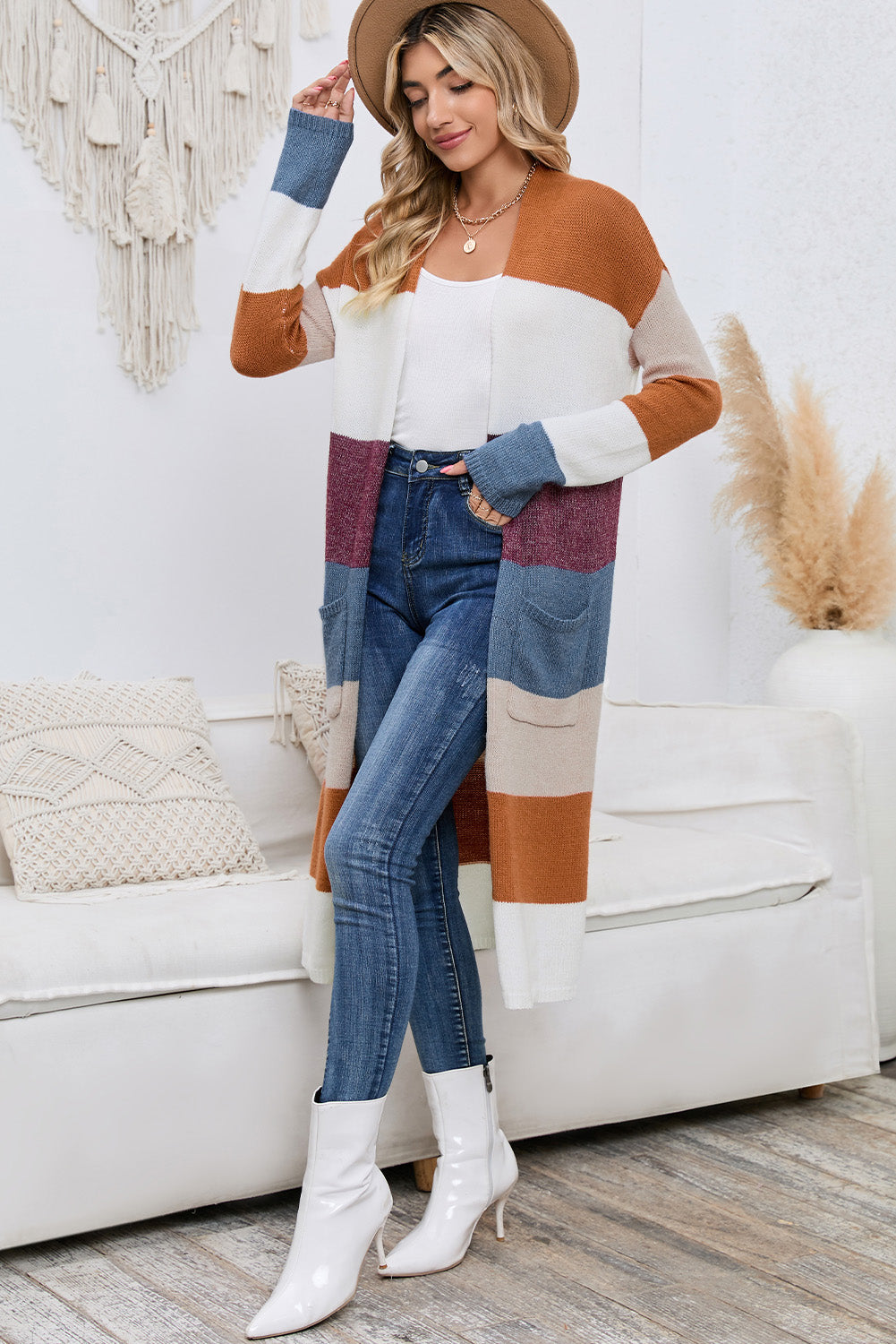 Long Color Block Open Front Pocketed Cardigan a2145fca8f0d447cb600081cc5c66242-Max Glownestbest
