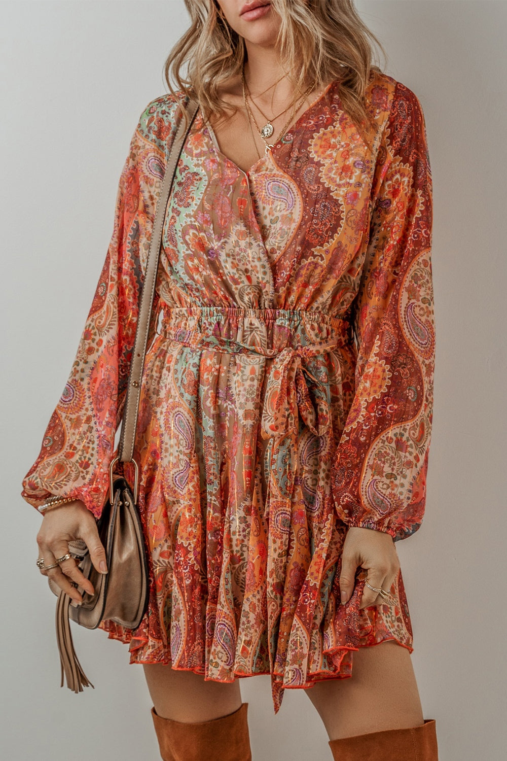 Tied Printed Balloon Sleeve Mini Dress Tangerine a2387a27-7b96-4092-a9a4-88abc6f7bccf-Max Glownestbest