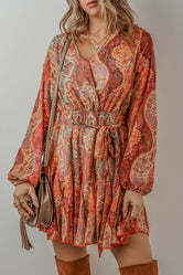 Tied Printed Balloon Sleeve Mini Dress Tangerine a2387a27-7b96-4092-a9a4-88abc6f7bccf-Max Glownestbest