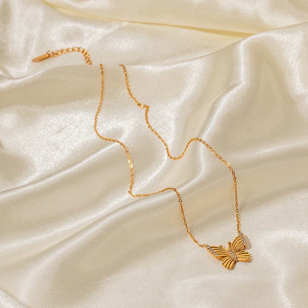 18K Gold Noble and Exquisite Butterfly Inlaid White Zircon Pendant Necklace Earrings Set a24f233f-ac3c-4339-9452-ca8793711134 Artshiney