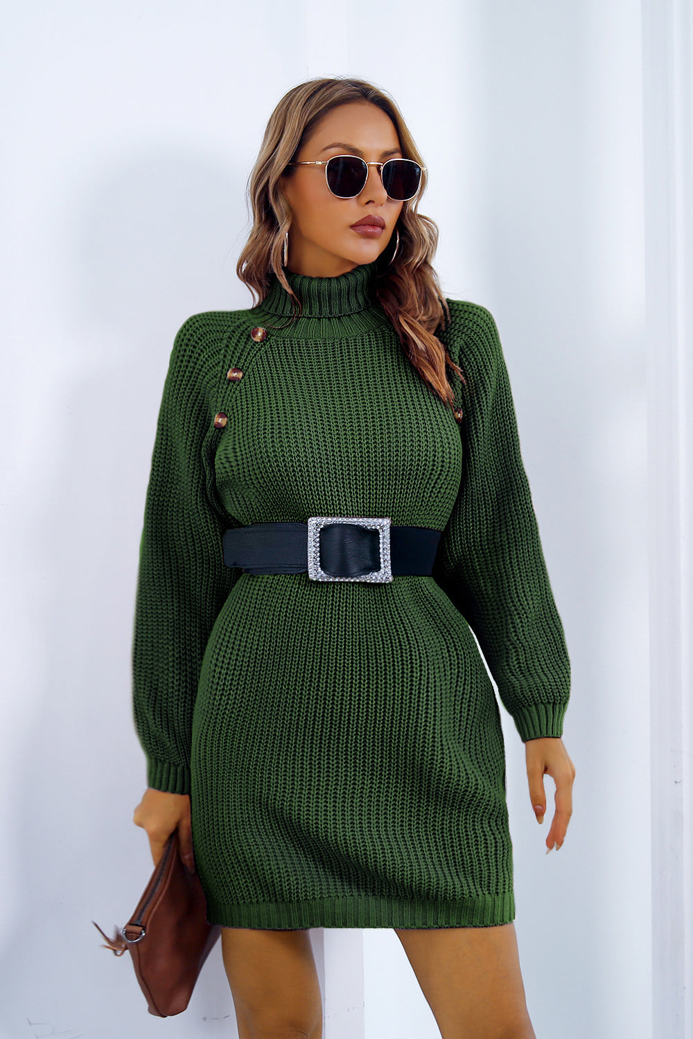 Buttoned Turtleneck Long Sleeve Sweater Dress a27d49e064d14cb7ba23b53f5f2f5a3c-Max Glownestbest