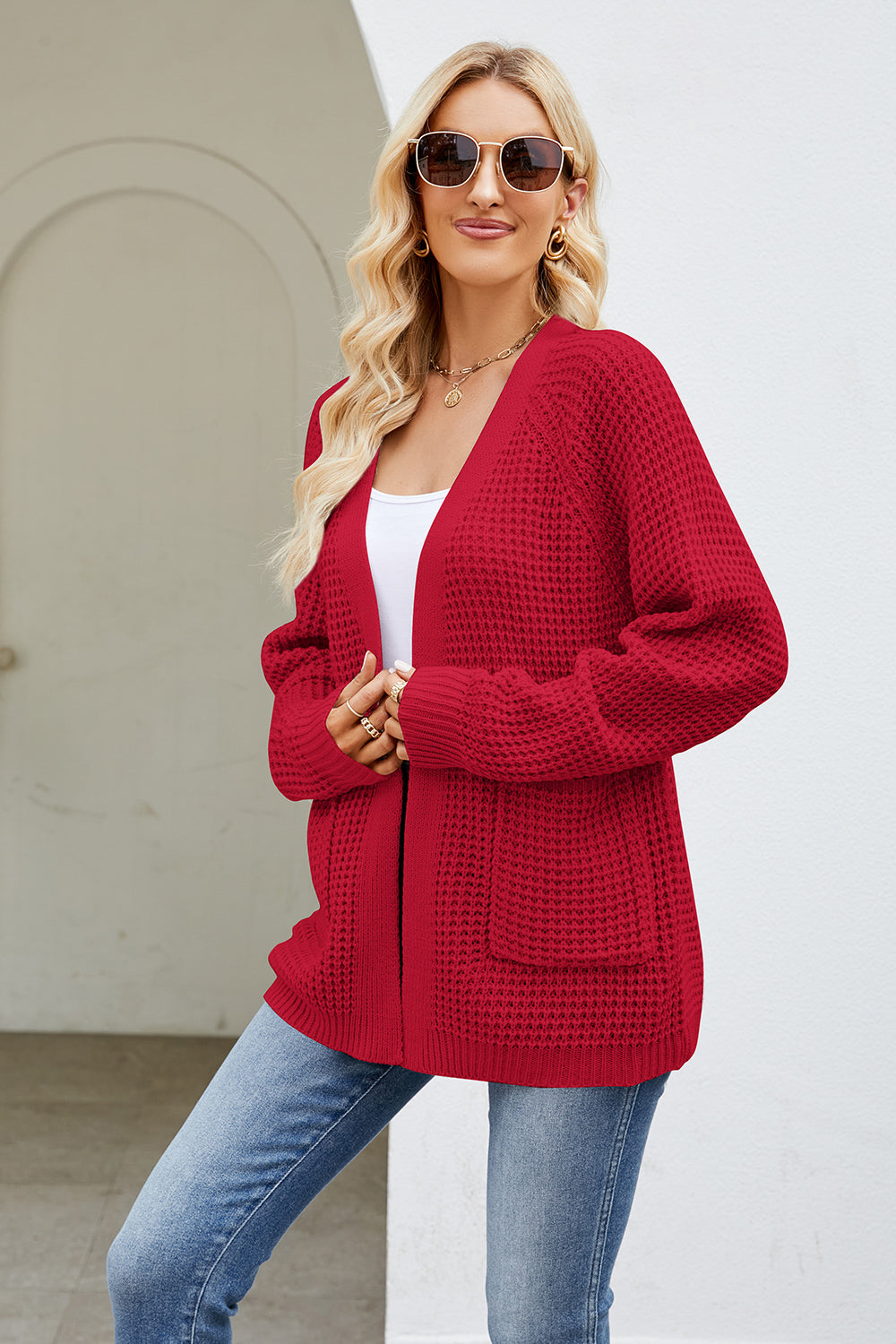 Open Front Long Sleeve Cardigan with Pockets Red a2b8bfefa3c048b5b0131eb581c13c76-Max Glownestbest