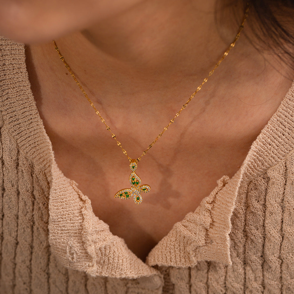 18K Gold Exquisite Dazzling Inlaid White Green Zircon Hollow Butterfly Design Pendant Necklace a2e9890c-a8f3-4111-aad2-6cb9f292ad3c Artshiney