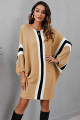 Ribbed Round Neck Long Sleeve Sweater Dress Khaki a30a9bc260b84067bf7f9fa76cfc75ec-Max Glownestbest