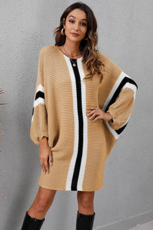 Ribbed Round Neck Long Sleeve Sweater Dress Khaki a30a9bc260b84067bf7f9fa76cfc75ec-Max Glownestbest