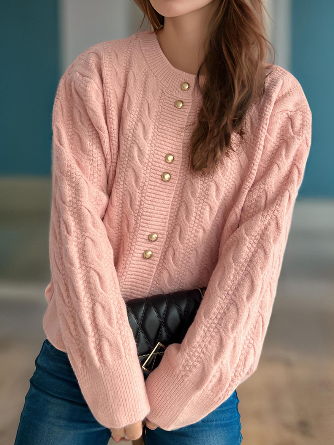 Cable-Knit Round Neck Long Sleeve Cardigan a32cf91f-3fd9-481d-91ed-4bdbded40160-Max Glownestbest