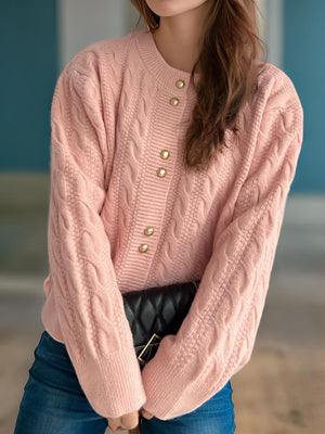 Cable-Knit Round Neck Long Sleeve Cardigan a32cf91f-3fd9-481d-91ed-4bdbded40160-Max Glownestbest
