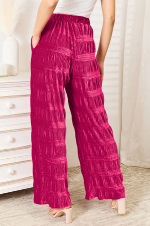 Double Take Full Size High Waist Tiered Shirring Velvet Wide Leg Pants a32e1624380f4433a2f292fe4fe8b54e-Max Trendsi