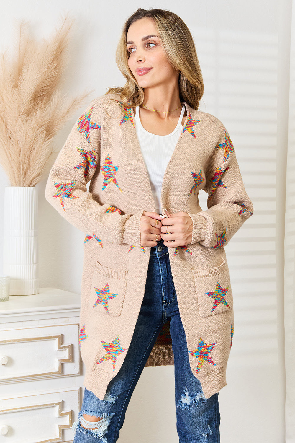 Glownestbest® | Star Pattern Open Front Longline Cardigan Mocha a33614cc5da545d08a297587a354eadc-Max Glownestbest
