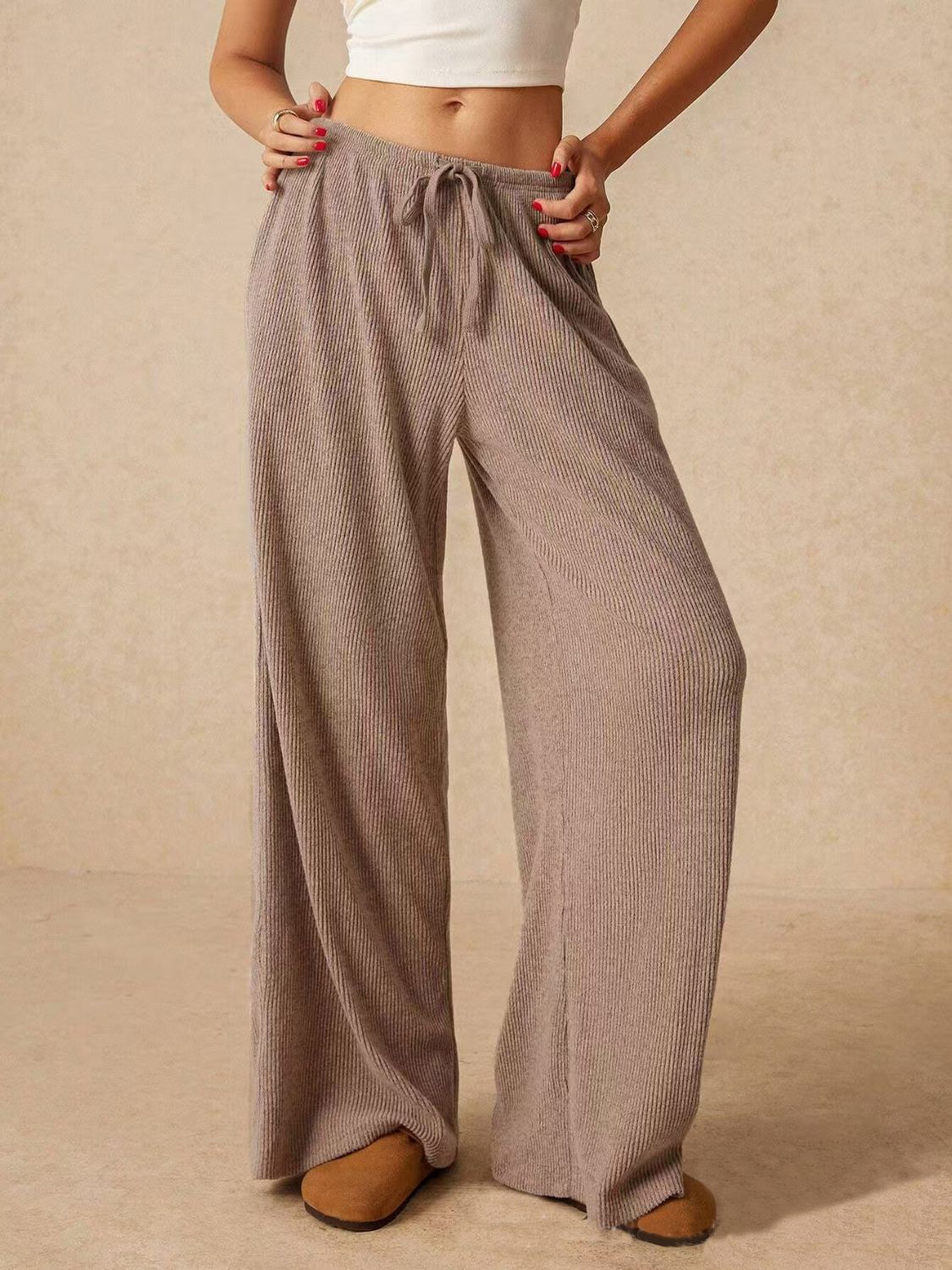 Ribbed Drawstring Wide Leg Pants Mocha a3847b63-b991-4cf6-959d-5f68d1960a9c-Max Trendsi
