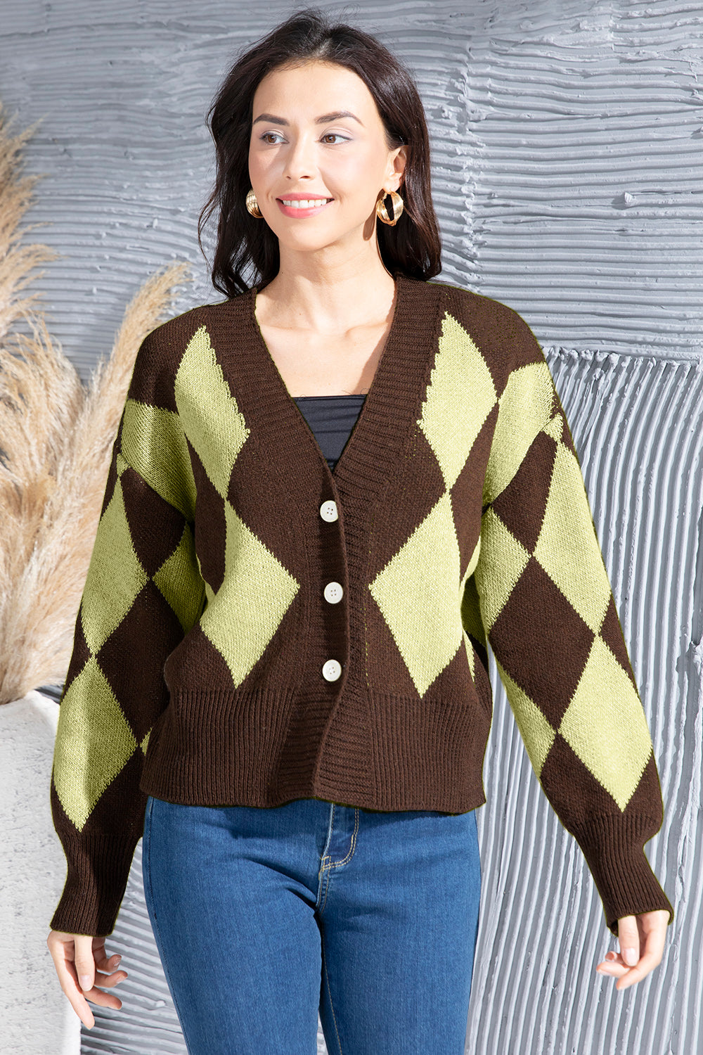 Geometric Button Up Dropped Shoulder Cardigan Chocolate a3951096-fd5a-4004-a4a6-de070df48c4d-Max Glownestbest