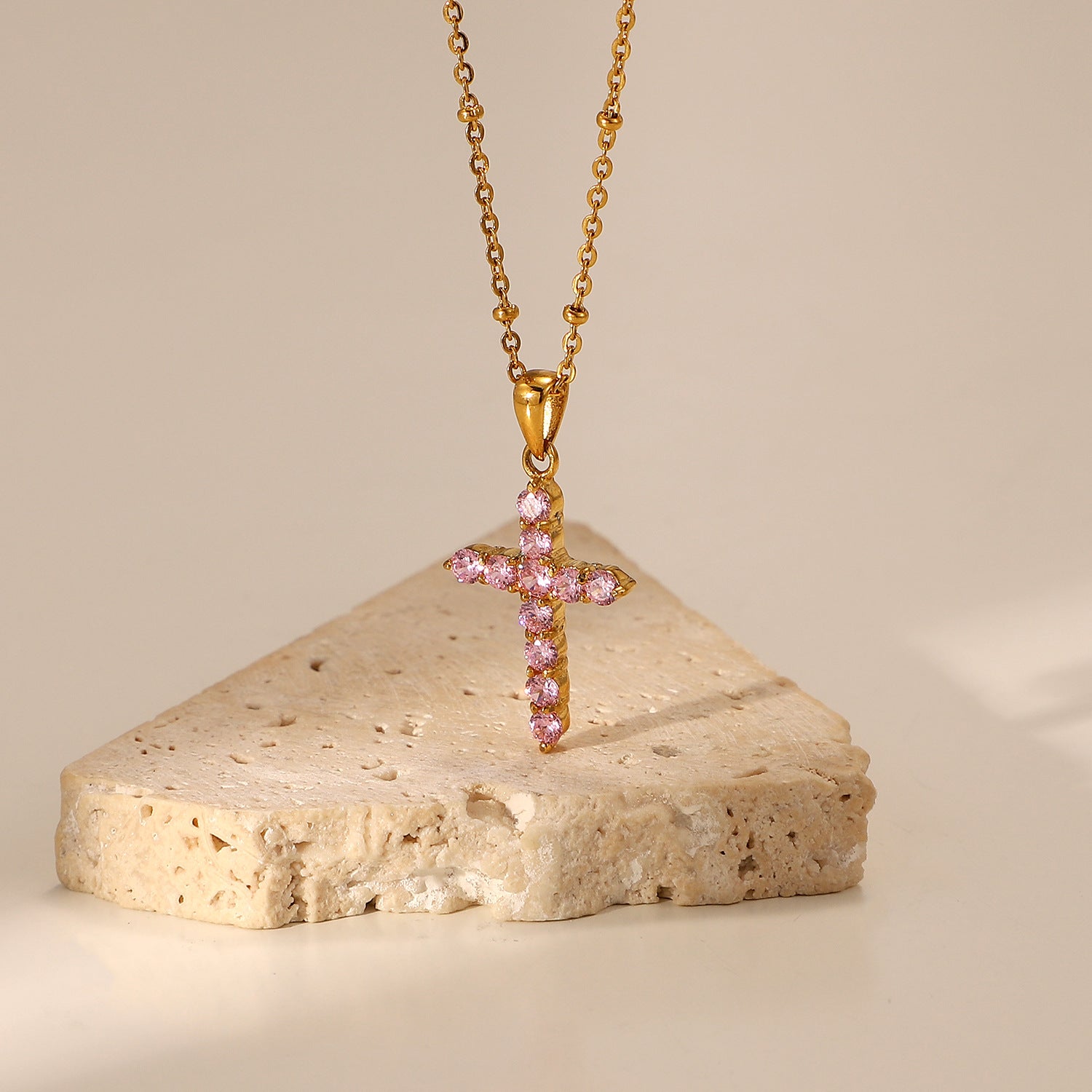 18K Gold Plated Pink Zircon Cross Pendant Necklace a3c520a5-3502-4563-92bb-922296af797e Glownestbest
