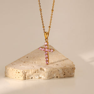 18K Gold Plated Pink Zircon Cross Pendant Necklace a3c520a5-3502-4563-92bb-922296af797e Glownestbest