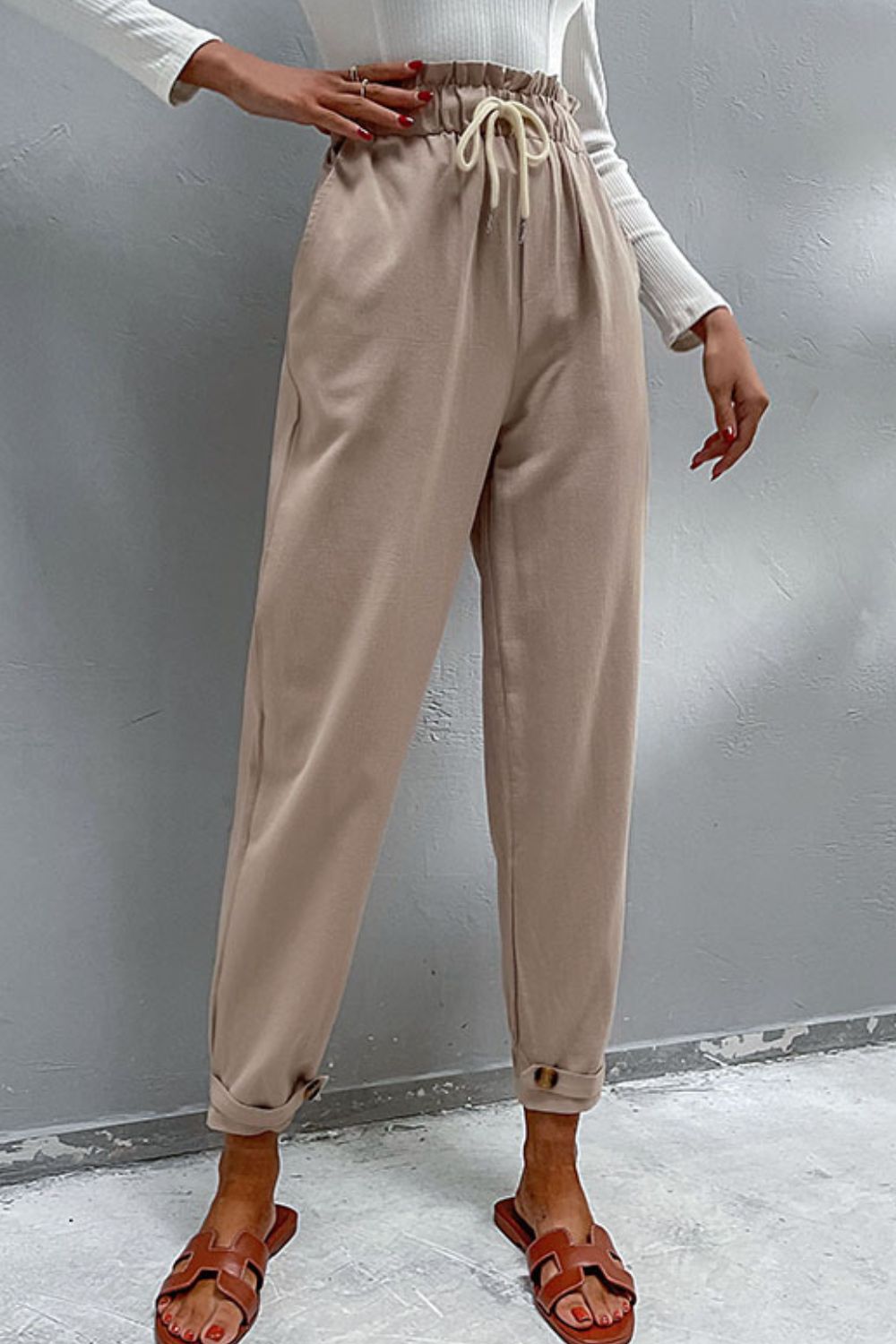 Perfee Drawstring Paperbag Waist Button Detail Pants a3c6f98de89945c98cde40170b30f9e8-Max Trendsi
