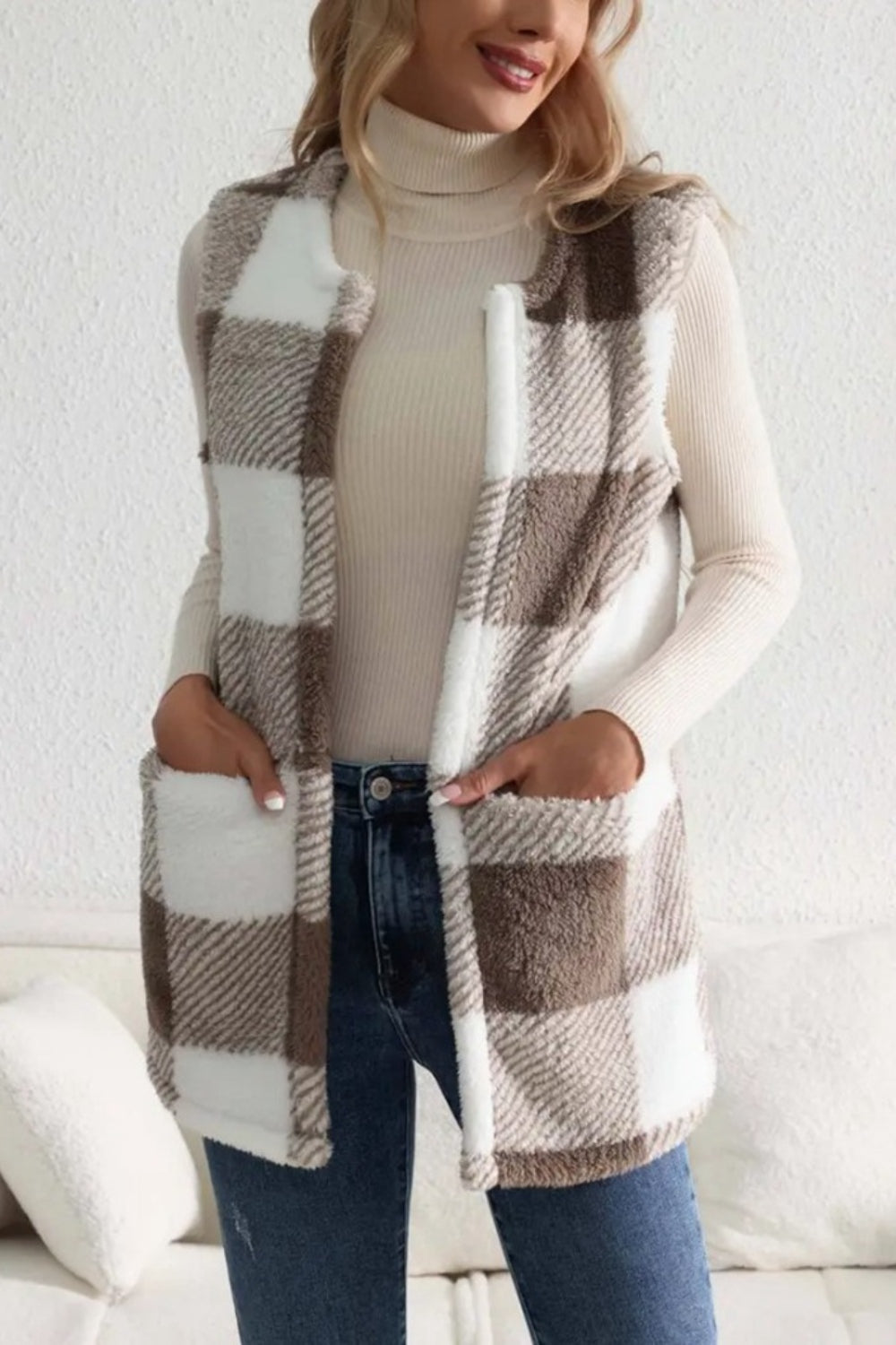 Glownestbest ® | Sherpa Plaid Open Front Vest Coat a3ee1bd8-18cc-41b7-a389-05c96357d210-Max Glownestbest