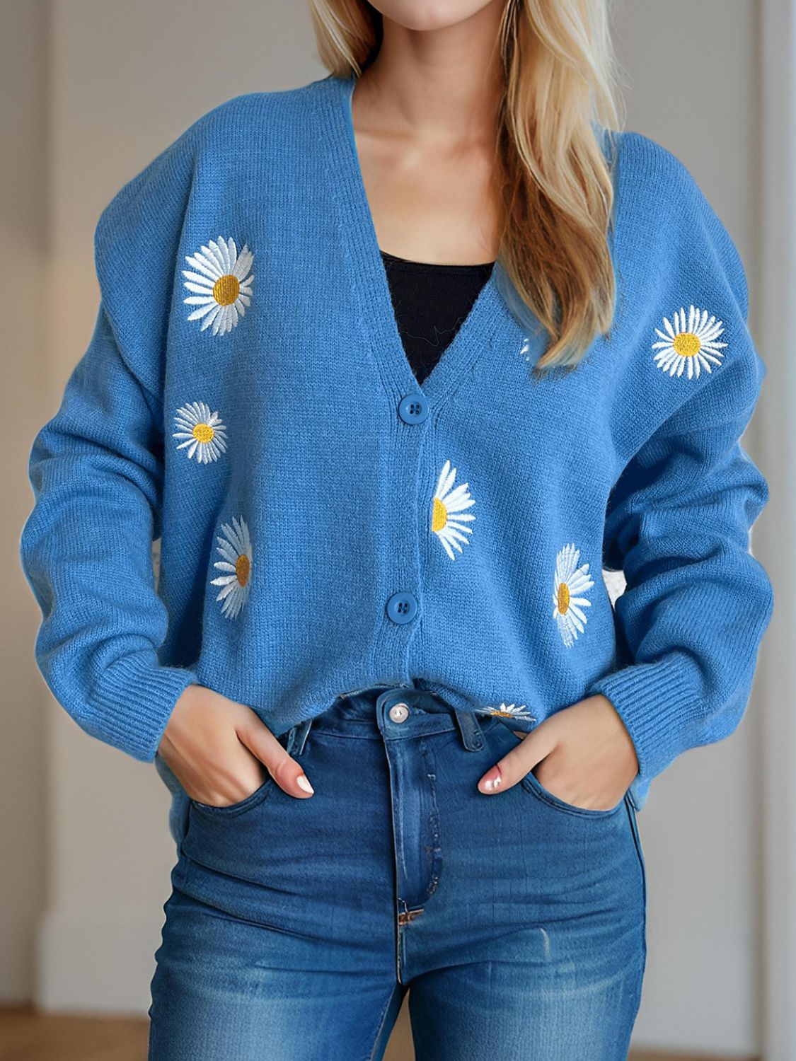 Daisy Button Up V-Neck Cardigan a3f72a29-13b7-447a-bdfe-76d8c6c5c64d-Max Glownestbest
