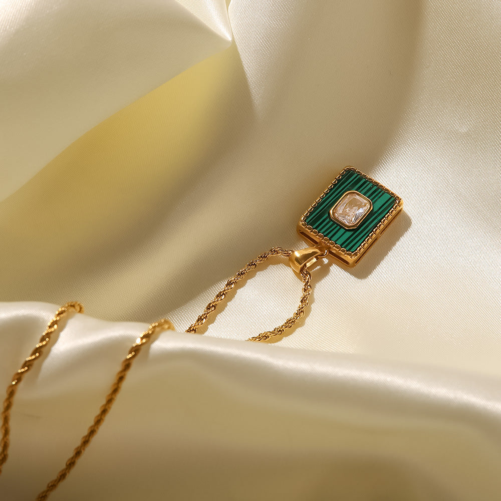 18K Gold Inlaid White Zircon Malachite Twist Chain Square Pendant Necklace a4307e47-2f5c-4a31-b58f-65afe0f55705 Artshiney