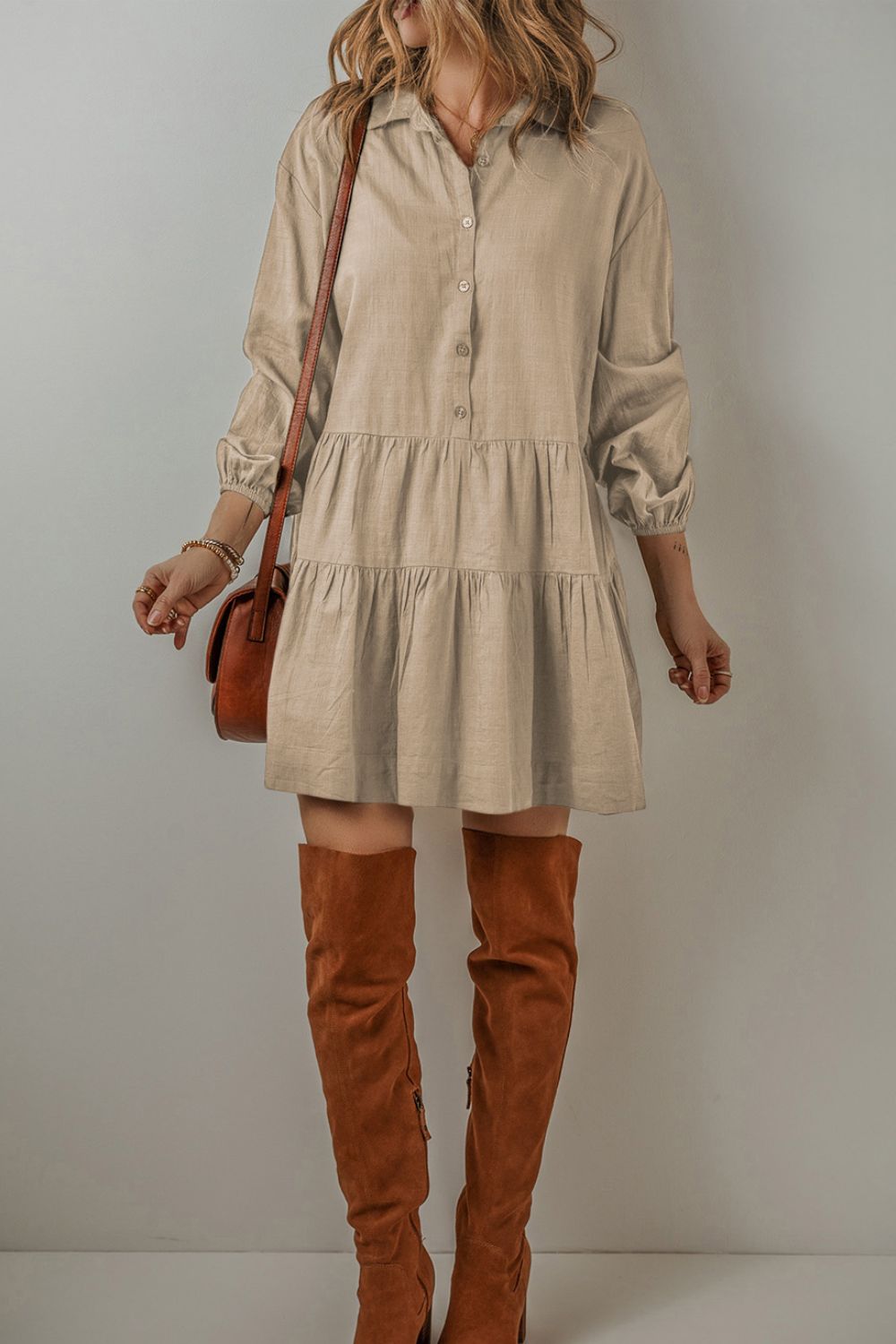 Tiered Collared Neck Balloon Sleeve Shirt Dress Khaki a4f0177c-d55e-48e7-bf8e-2827d0beddda-Max Glownestbest