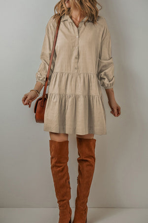 Tiered Collared Neck Balloon Sleeve Shirt Dress Khaki a4f0177c-d55e-48e7-bf8e-2827d0beddda-Max Glownestbest