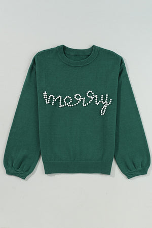 Blackish Green Pearl Beaded Merry Casual Sweater a4f41a0c1c7f3996 Glownestbest