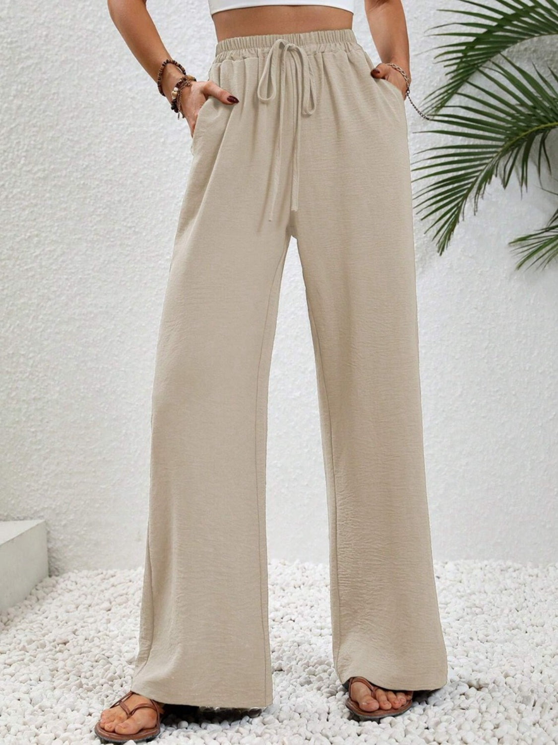 Wide Leg Drawstring Pants Cream a5339714-477c-47dc-8e84-c8306cfb16c9-Max Trendsi