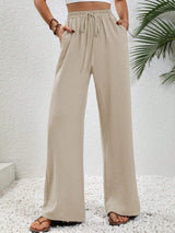 Wide Leg Drawstring Pants Cream a5339714-477c-47dc-8e84-c8306cfb16c9-Max Trendsi