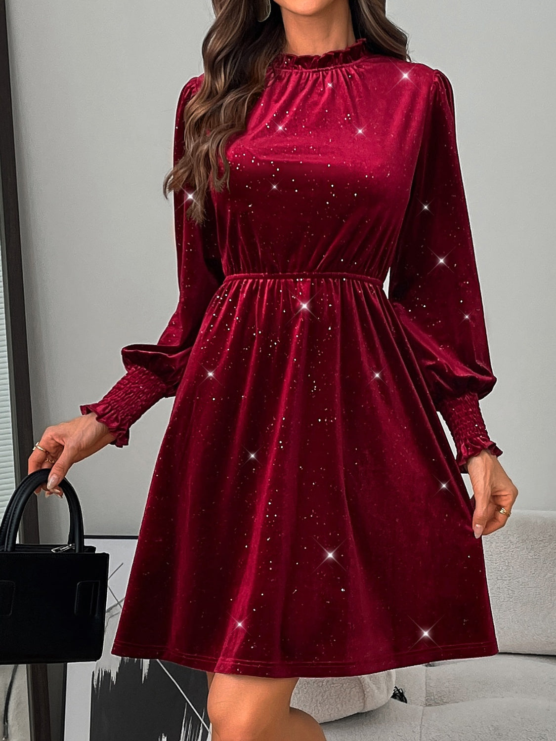 Glitter Mock Neck Long Sleeve Mini Dress Burgundy a5d9214e-769c-499b-8e0e-68bb99ed6199-Max Glownestbest